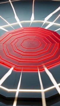 Vertical video: Opening on red octagonal podium showing neon rays forming radial grid in cyberspace
