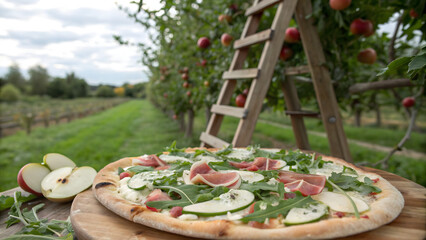 Gourmet fig and apple pizza with prosciutto and arugula in an orchard