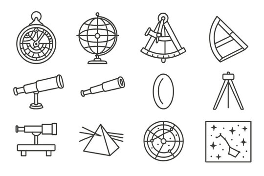 Astronomy Tools Icons. Line style icons of History of Astronomy Tools: astrolabe, armillary sphere, sextant, quadrant; telescope,