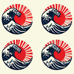 Japanese wave with red sun wave logo hand drawn japanese oriental style