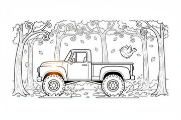 Black and White Illustration of a Vintage Truck Driving Through a Forest with a Bird
