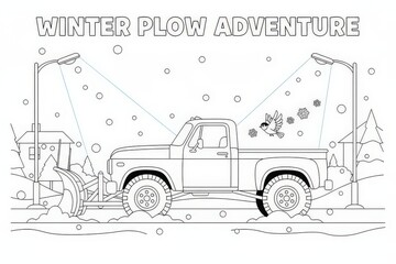 Winter Plow Adventure Truck in Snowy Landscape with Bird and Snowflakes