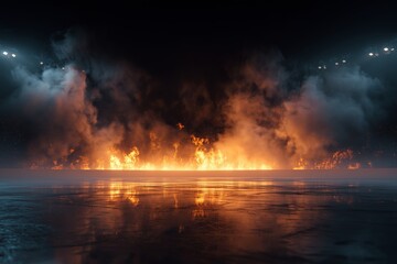 Obraz premium Flames Erupt on Ice During a Dramatic Sports Event in a Dark Arena