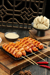 Chinese Grilled Gluten Skewers with Steamed Buns Traditional Asian Street Food Display