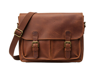 Isolated brown leather messenger bag with shoulder strap on clean backdrop ready to use