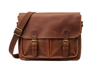 Isolated brown leather messenger bag with shoulder strap on clean backdrop ready to use