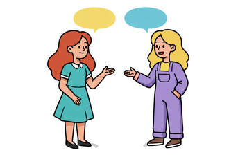 Isolated illustration of two women chatting in a friendly manner with speech bubbles above