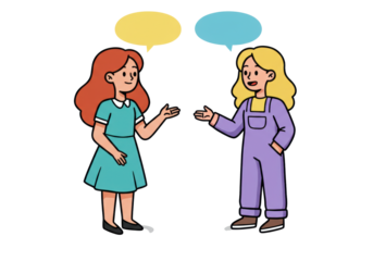 Isolated illustration of two women chatting in a friendly manner with speech bubbles above