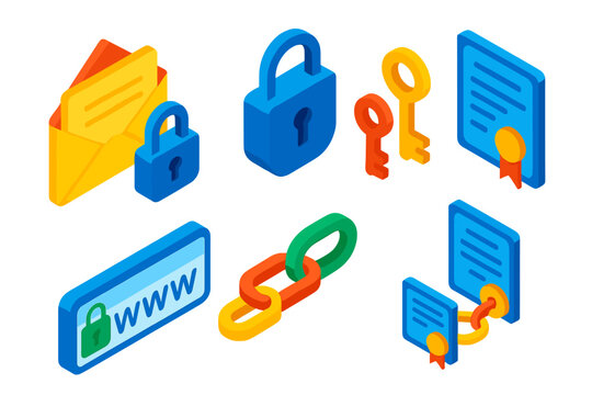 Data Privacy Icons. Isometric vector illustration set Data privacy &ndash; secure email envelope, encryption lock, public key; private