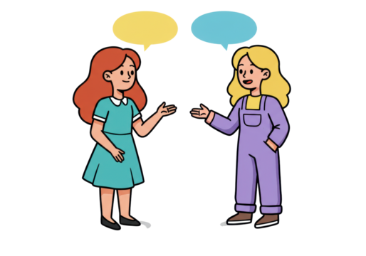Isolated illustration of two women chatting in a friendly manner with speech bubbles above
