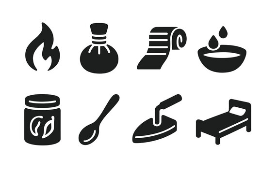 Vintage Healing Icons. Solid style icons of vintage healing methods: Cauterization Flame, Herbal Compress, Bandage Wrap,