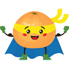 Cute cartoon orange fruit character dressed as a superhero with a blue cape and yellow mask and wristbands flexing his muscles in a fun and playful pose on a transparent background