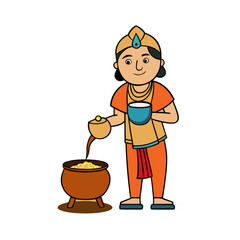 Cartoon character pouring liquid from a pot into a bowl isolated on white background