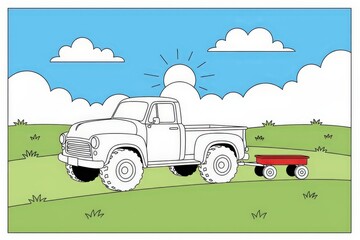 Vintage Pickup Truck Towing a Red Wagon Across a Grassy Field Under a Sunny Sky