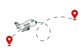 Aircraft flying between two red location pins on white background. Travel, navigation and destination concept. For poster, banner, card, print.