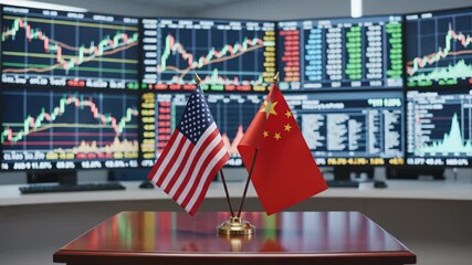 US China Flags on Table with Stock Market Data Background. - Powered by Adobe