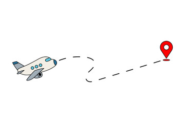 Plane flying with dashed line route to red location pin on white background. Travel and navigation. Design for poster, banner, card, invitation, postcard, print