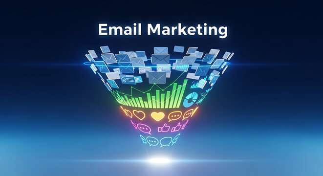 Email Marketing Funnel with Engagement Icons and Conversion Metrics - Powered by Adobe