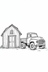 Vintage Truck Parked Beside a Rustic Barn with Double Doors and Arched Window