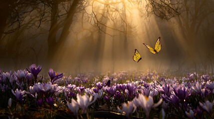 Golden sunbeams illuminate a meadow filled with purple crocuses and yellow butterflies forest