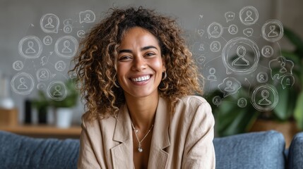 Vibrant dialogues in a contemporary space. Digital society network. Elegant lady in soft beige and blue interior. Online interaction symbol. Virtual teamwork concept.