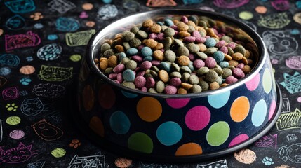 Elevated simplicity: dog food artfully presented in a bowl. Advertising photo. Top view of dog food in basic bowl amid black chalkboard background. Majestic beauty. Luxury apparel.