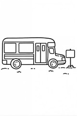 Simple Line Drawing of a School Bus at a Bus Stop