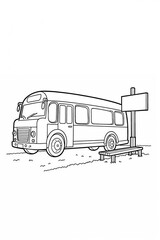 Simple Line Art Drawing of a Vintage Bus at a Bus Stop Bench