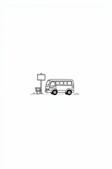 Minimalist Line Drawing of a Bus at a Bus Stop with a Bench and Sign