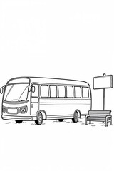 Cartoon Bus and Bus Stop Bench with Sign