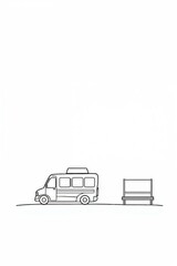 Minimalist Illustration of a Van at a Bus Stop Bench on a White Background