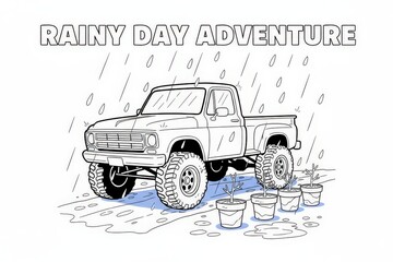 Retro Pickup Truck Driving Through Rain with Potted Plants