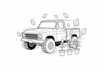 Line Art Illustration of a Vintage Pickup Truck with Potted Plants and Falling Leaves