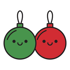 Cute Smiling Green and Red Christmas Ball Ornament Pair Vector Illustration
