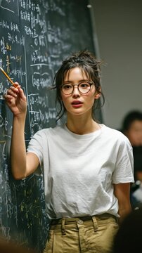 Young woman teaches complex math concepts in university classroom while engaging students with enthusiasm and clarity