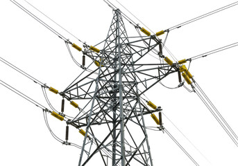 Isolated overhead power lines and transmission tower on sky for delivering electricity