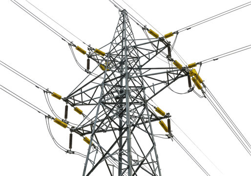 Isolated overhead power lines and transmission tower on sky for delivering electricity