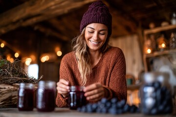 Woman in warm sweater and knit hat smiles while preserving berries in glass jars indoors with soft background lights.