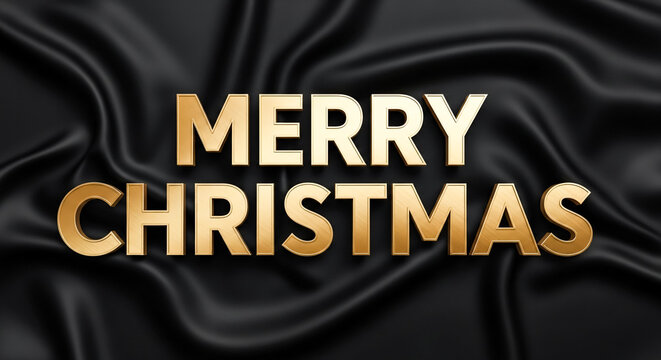 Golden merry christmas text on elegant black silk background for festive holiday celebrations - Powered by Adobe