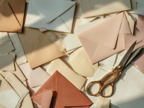 Flat Lay of Envelopes and Scissors on Table