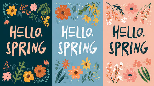 Hello Spring floral illustrations with handwritten text flowers - Powered by Adobe