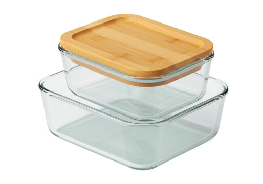 Isolated square glass food containers with wooden lids for storage and oven use, stacked