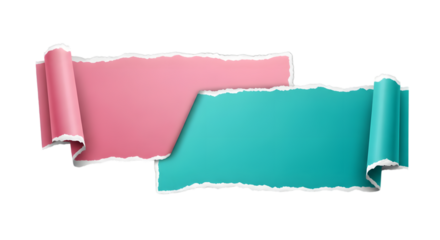Torn paper background with rolled up edges, pink and teal sheets with copy space
