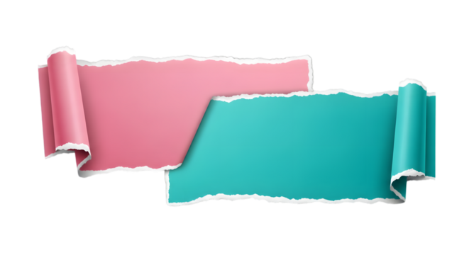 Torn paper background with rolled up edges, pink and teal sheets with copy space