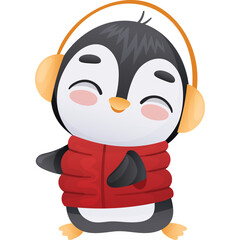 Cute Cartoon Penguin Character Wearing a Red Puffer Vest and Orange Ear Muffs with Eyes Closed and Smiling