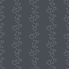 Subtle, minimalist seamless pattern featuring serene vertical stripes of delicate line art hearts and bubbles on a sophisticated dark gray background, perfect for contemporary Valentine's designs.