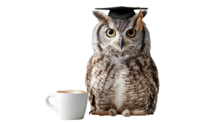Wise Owl with Graduation Cap and Coffee on Transparent Background