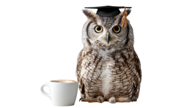 Wise Owl with Graduation Cap and Coffee  on Transparent Background