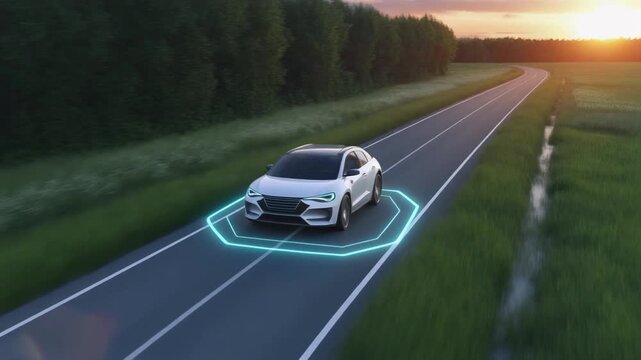 White Autonomous Electric Vehicle with AI Sensor Outline Driving on Rural Highway at Sunset