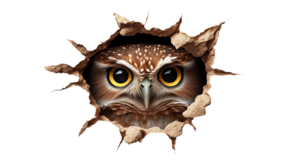 Owl Peeking Through a Torn Paper on Transparent Background